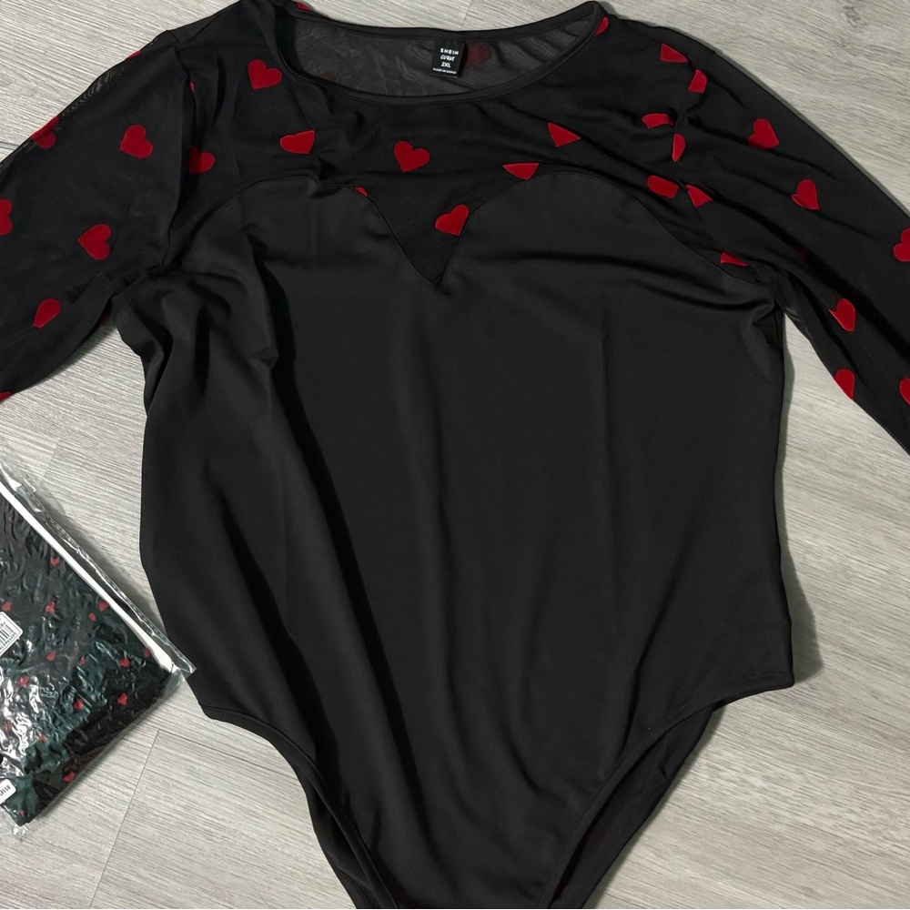 SHEIN Black Bodysuit with Red Heart designed comes w/tights